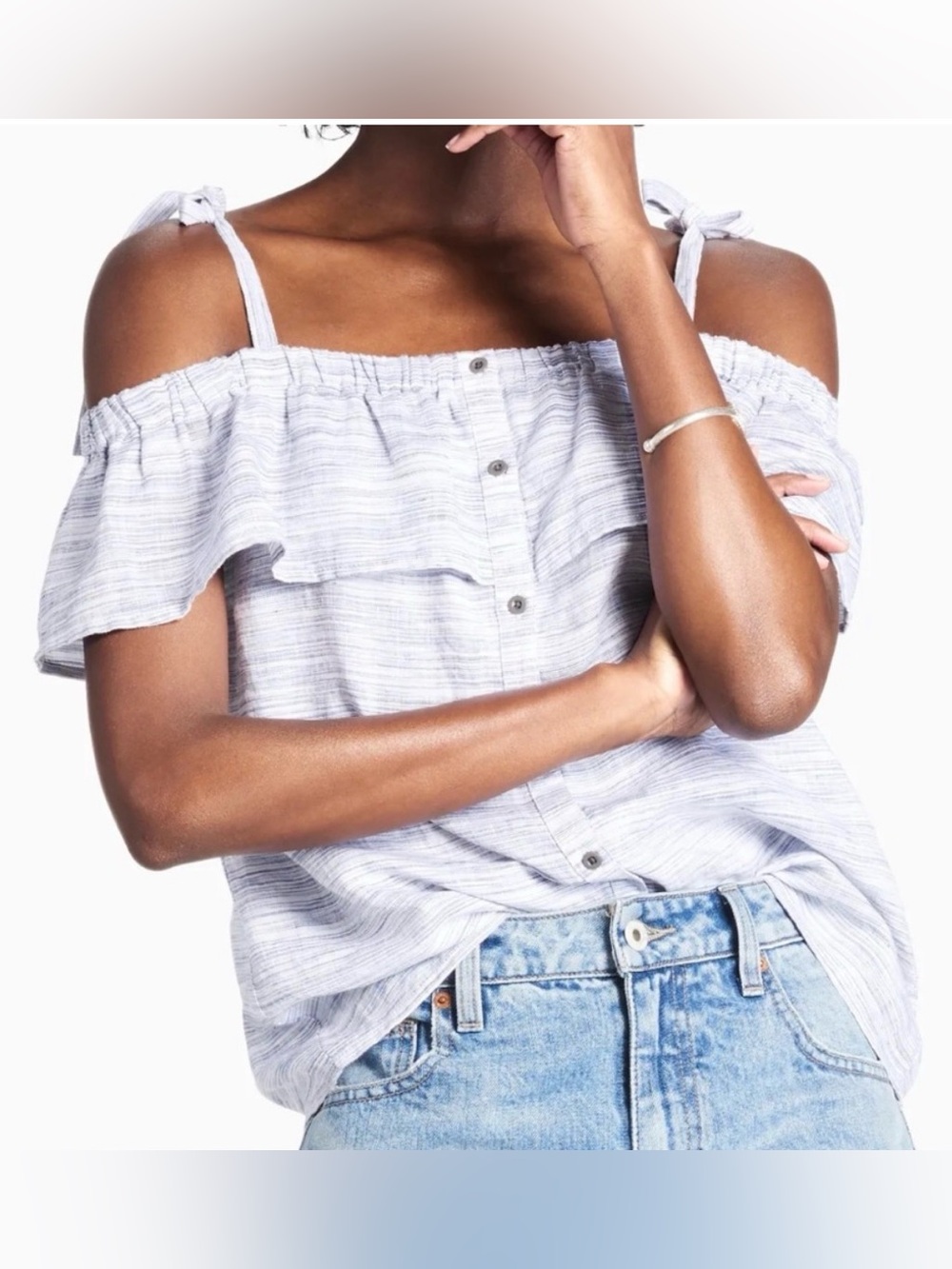 Lucky Brand Sm Blue Space Dye Linen Off Shoulder Ruffle Button Front Peasant Top
